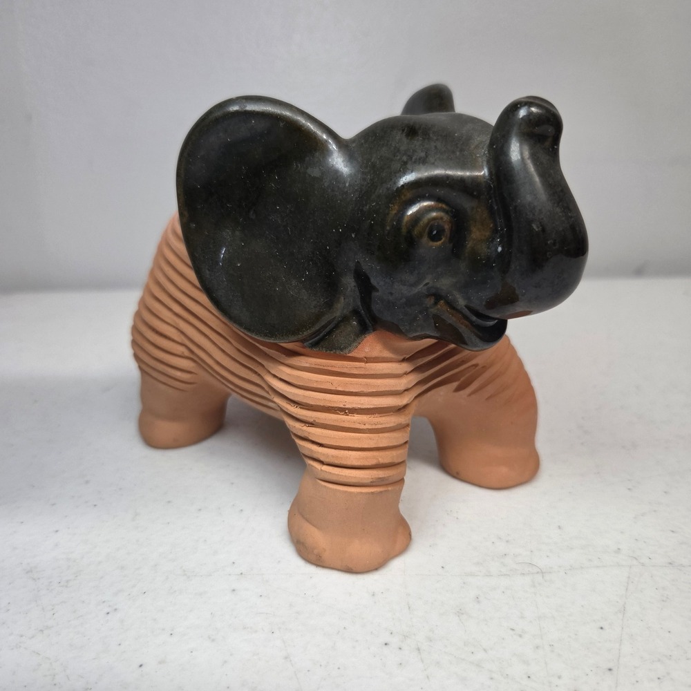 Vintage Elephant Terracotta Clay Planter Figurine Ribbed Body Pottery Animal